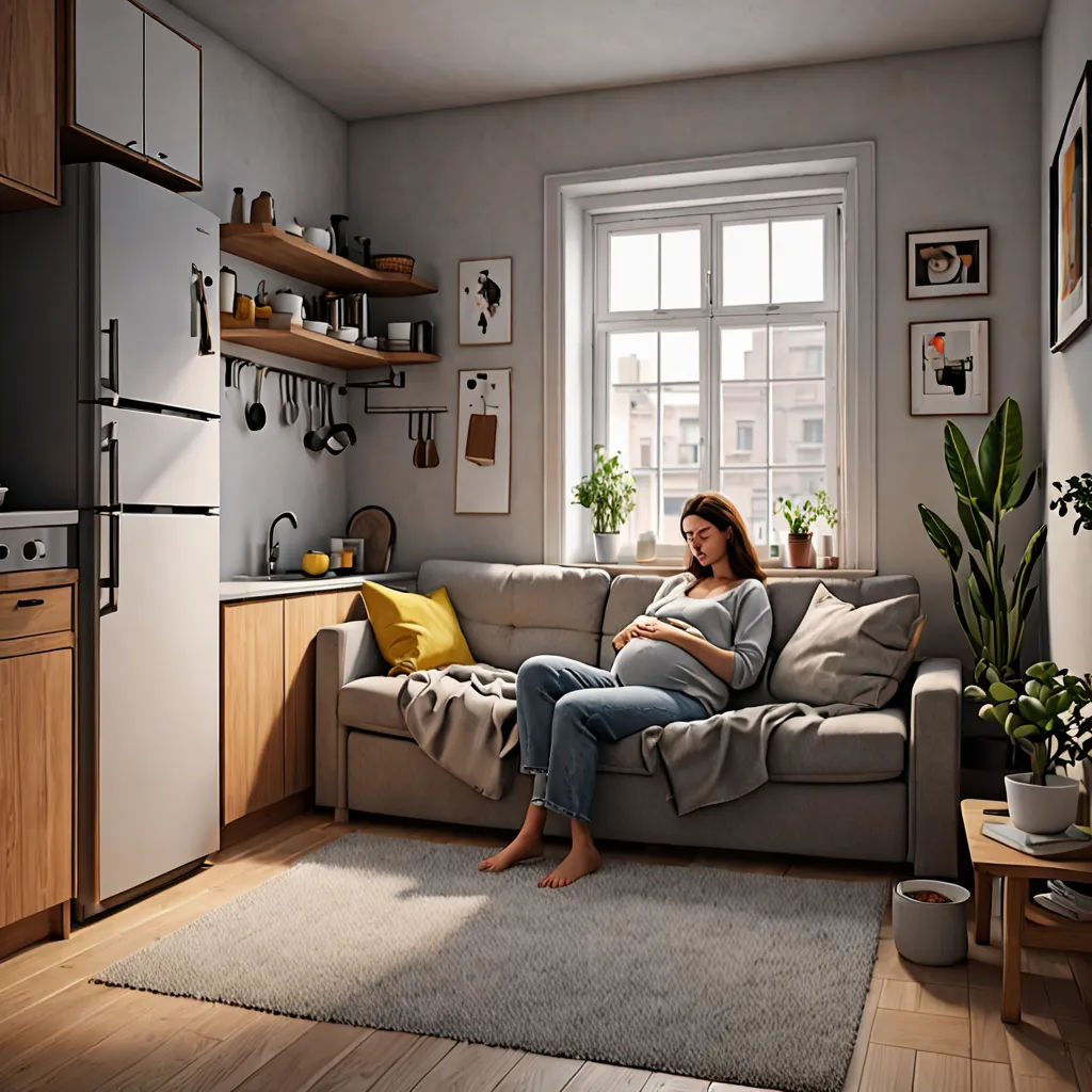 a woman sitting on a couch in a living room next to a window with potted plants on the wall, photorealism, a digital rendering, Amalia Lindegren, vray render