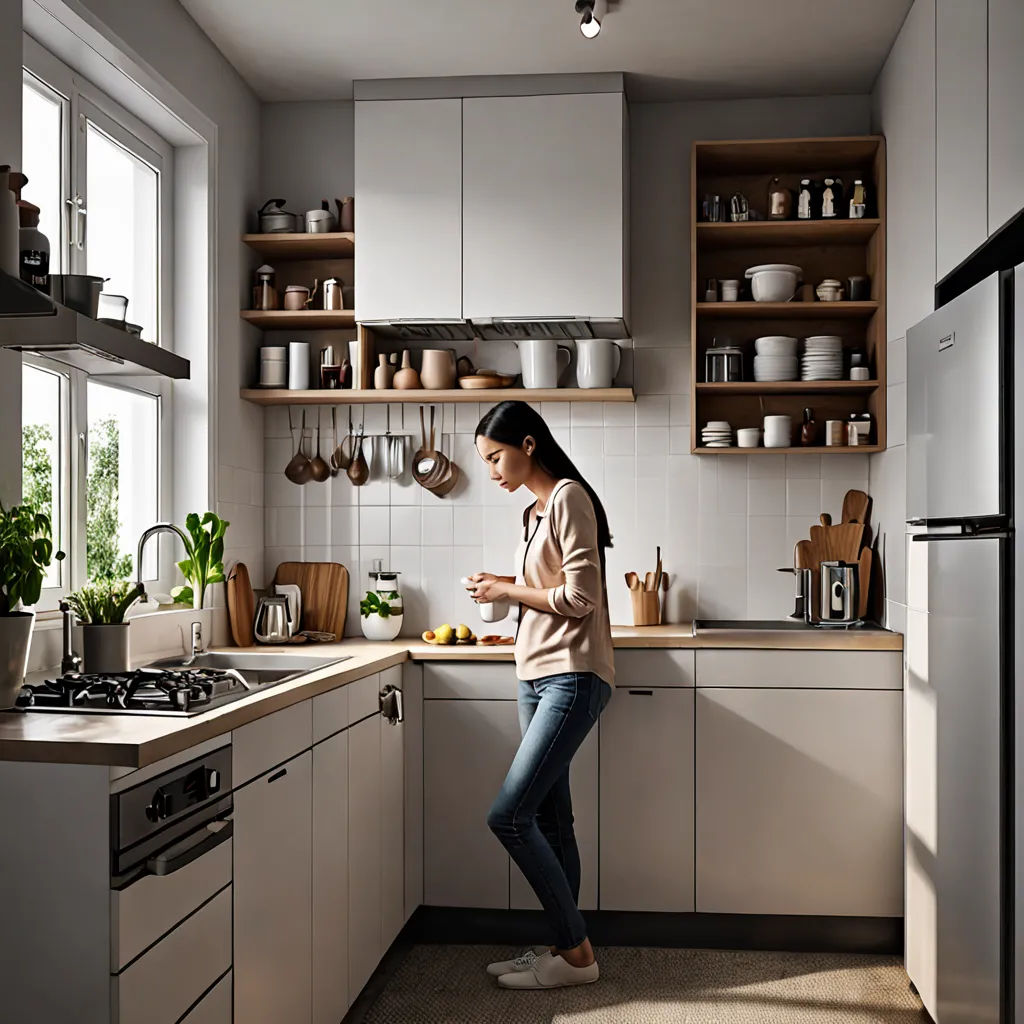 a woman standing in a kitchen next to a stove top oven and a sink with a dishwasher, photorealism, a 3D render, Amalia Lindegren, vray render