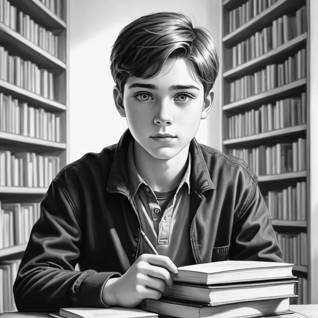 a black and white photo of a boy sitting at a table with books in front of him and a bookcase behind him, hyperrealism, an ultrafine detailed painting, Aaron Jasinski, ultra realistic illustration