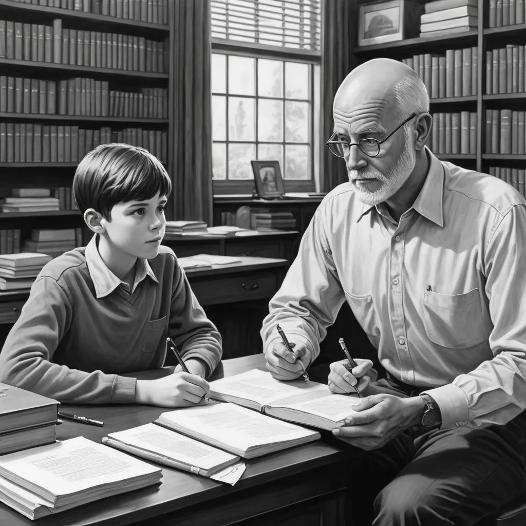 a man and a boy sitting at a desk in a library with books on it and a bookcase full of books, american scene painting, a storybook illustration, F. Scott Hess, storybook illustration