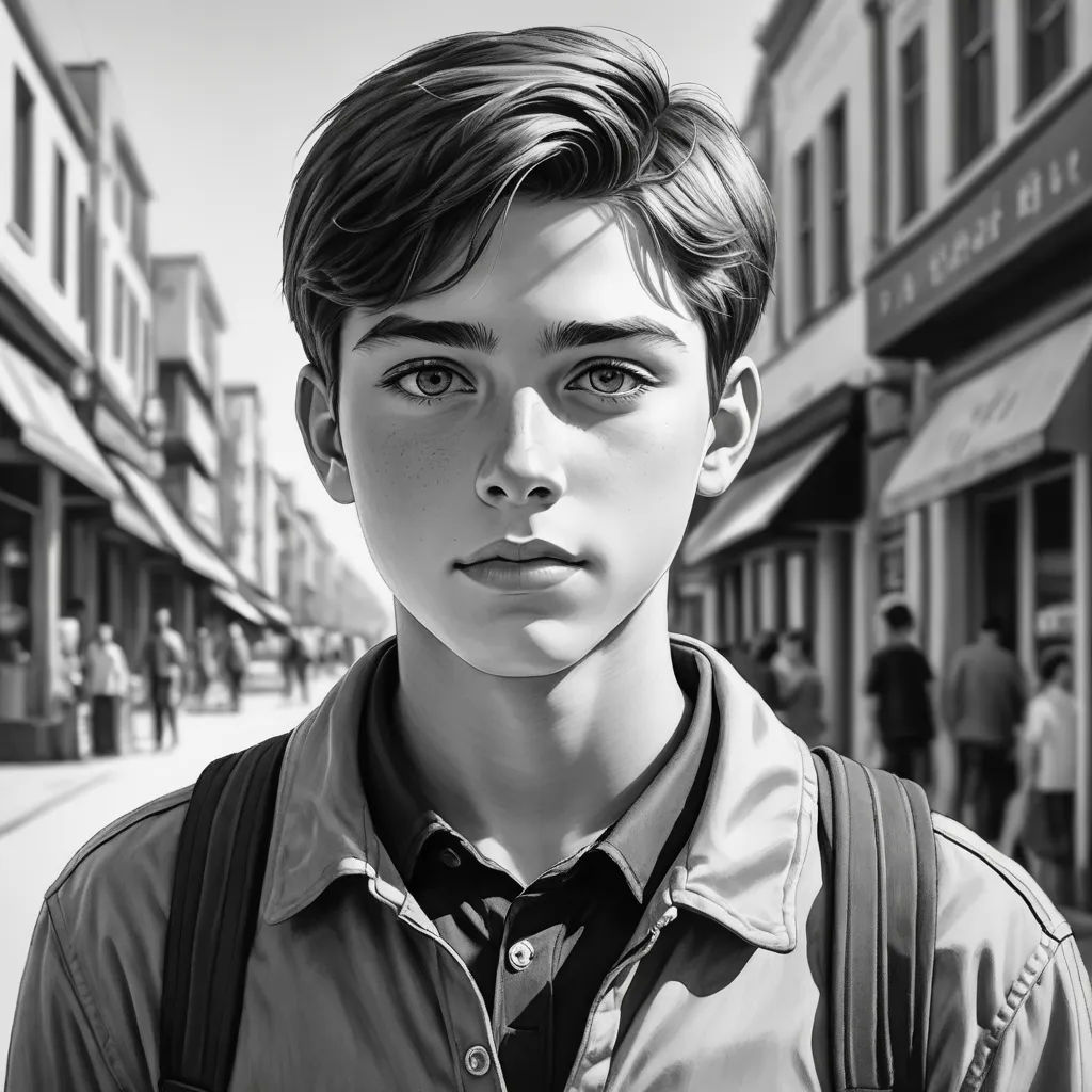 a black and white photo of a boy with a backpack on a street corner with people walking by and a building, photorealism, a photorealistic painting, Daniel Lieske, photorealistic portrait