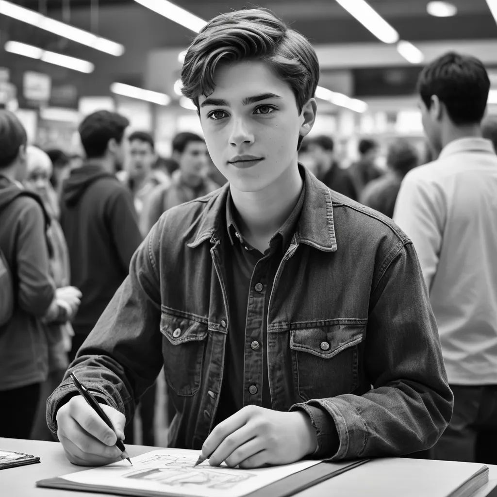 a young man sitting at a table with a pen and paper in his hand and people in the background, barbizon school, a black and white photo, Fletcher Martin, intricate line drawings