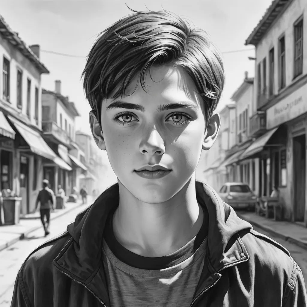 a black and white photo of a boy with a smirk on his face in a street with buildings and a person walking, photorealism, a photorealistic painting, Daniel Lieske, photorealistic portrait