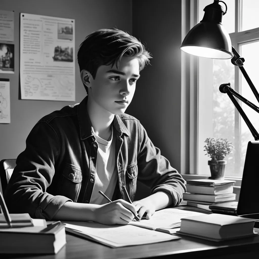 a young man sitting at a desk with a book and pen in his hand and a lamp on the side of the desk, academic art, a black and white photo, Evan Charlton, kai carpenter