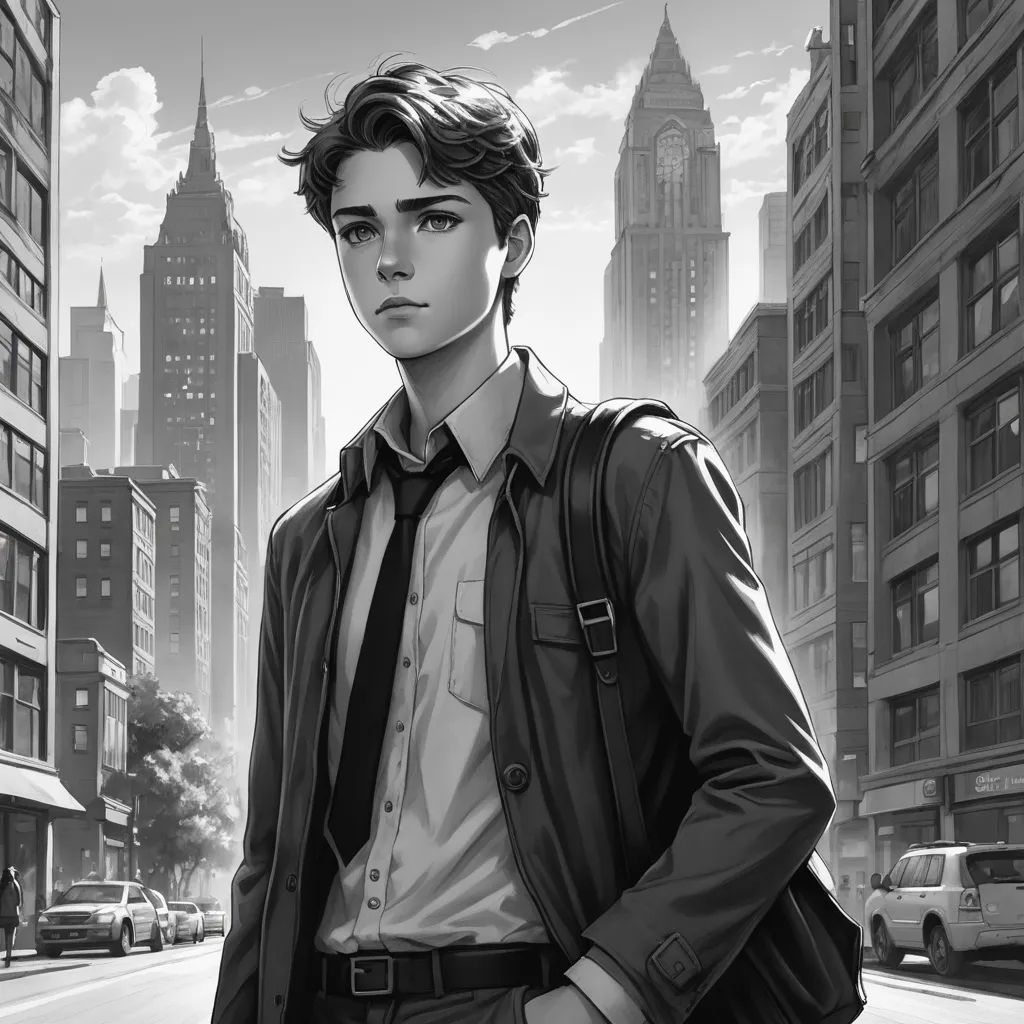 a man standing in the middle of a city street with a backpack on his shoulder and a cityscape in the background, sots art, a comic book panel, Cedric Seaut (Keos Masons), stanley artgerm lau