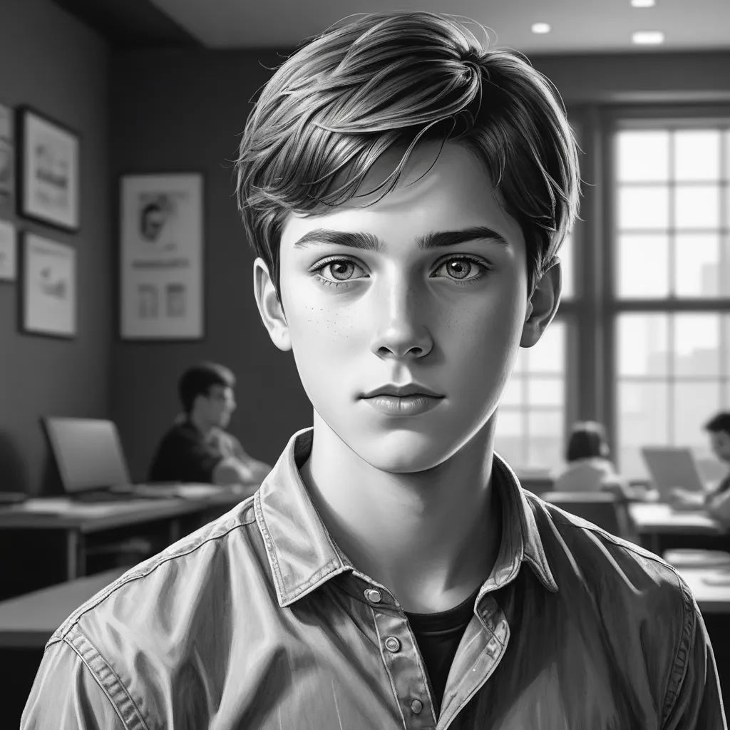a black and white photo of a boy in a classroom with people in the background and a laptop on the desk, photorealism, a photorealistic painting, Cedric Seaut (Keos Masons), ultra realistic digital art