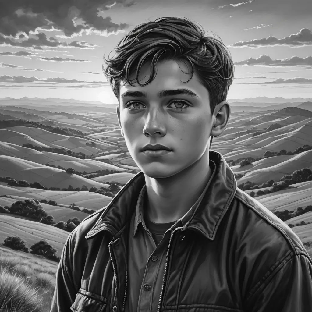 a boy in a black and white photo with a landscape behind him and clouds in the sky above him, sots art, an ultrafine detailed painting, Anson Maddocks, ultra realistic illustration