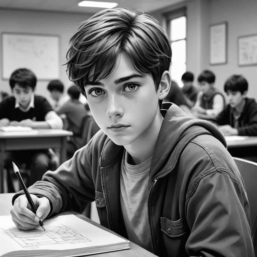 a boy is sitting at a desk with a pen and paper in his hand and looking at the camera, hyperrealism, a black and white photo, Adam Rex, movie still