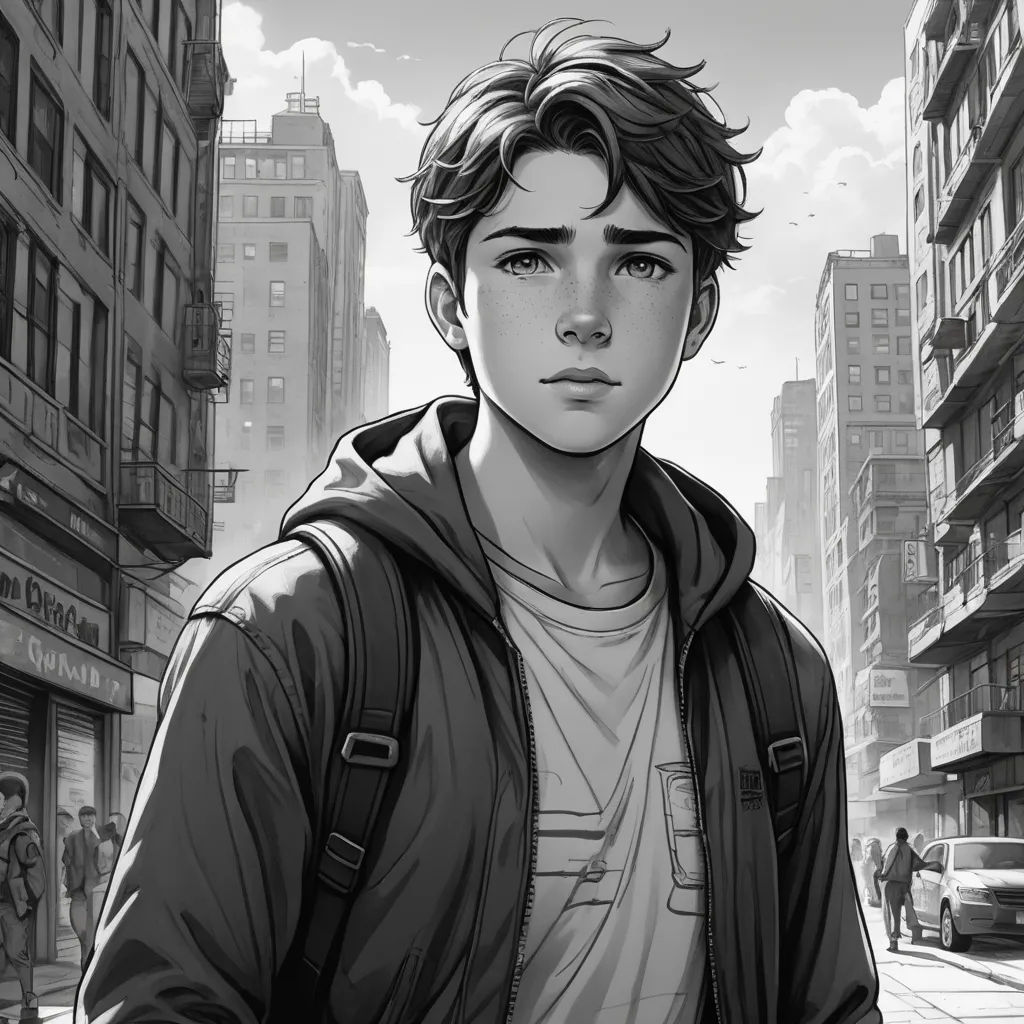 a man standing in front of a city street with buildings and people walking around him, in a black and white drawing, sots art, a comic book panel, David Park, graphic novel