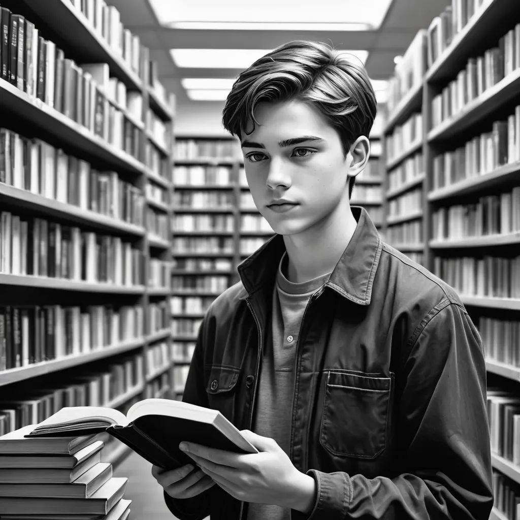 a man is reading a book in a library with many bookshelves in the background and a skylight, private press, a photocopy, Armin Hansen, kai carpenter