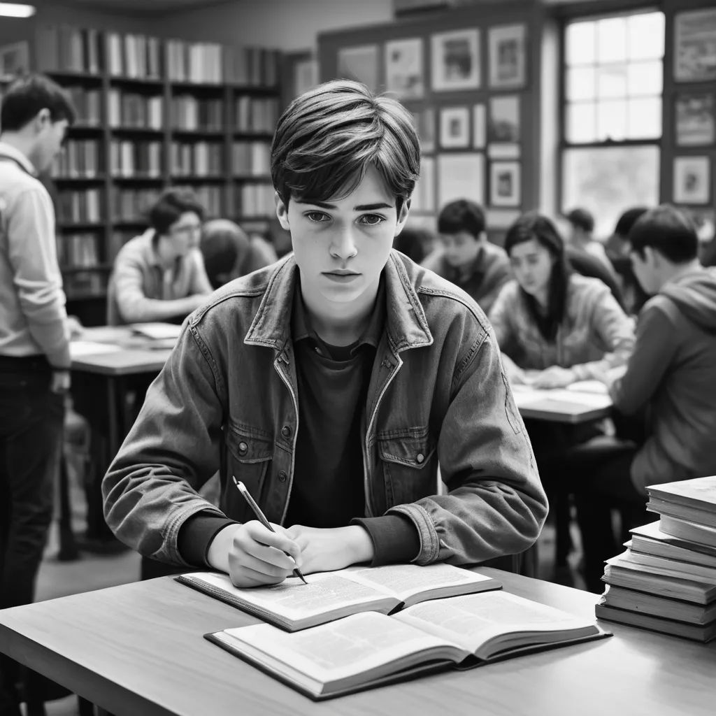 a boy sitting at a desk with a book and pen in his hand and a lot of people in the background, barbizon school, a black and white photo, Anson Maddocks, movie still