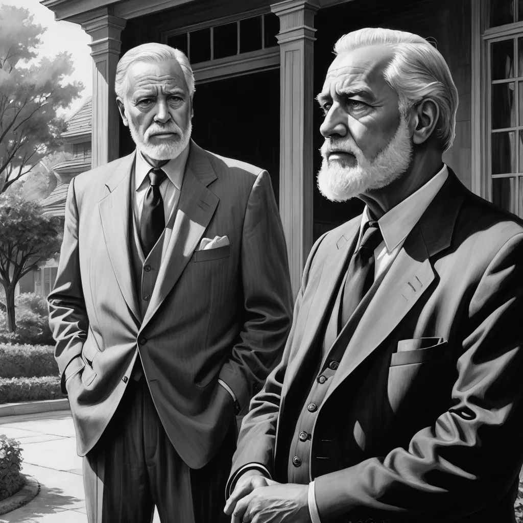 a black and white photo of two men in suits standing outside a building with trees in the background and a building with a clock tower, american scene painting, an ultrafine detailed painting, Edwin Georgi, matte drawing