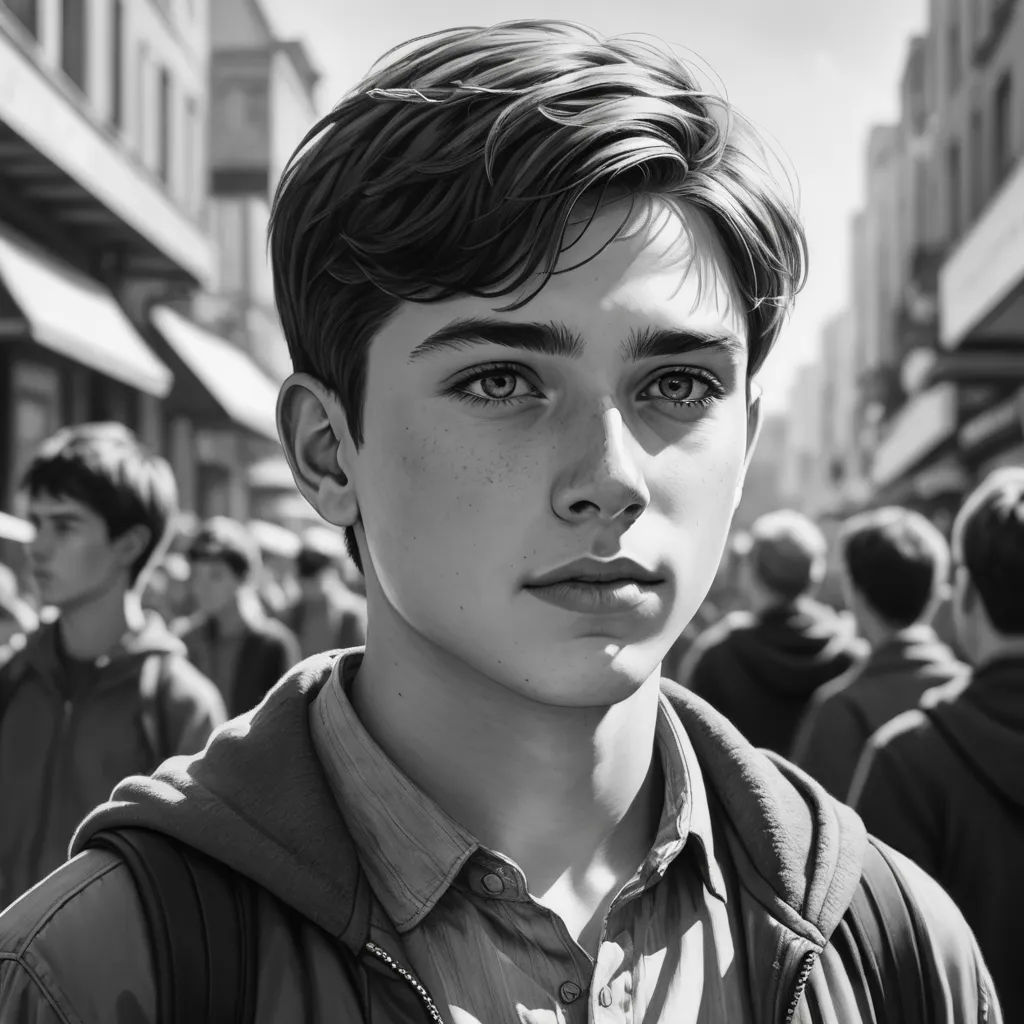 a black and white photo of a boy in a crowd of people in a city street with buildings in the background, photorealism, a photorealistic painting, Daniel Lieske, ultra realistic illustration