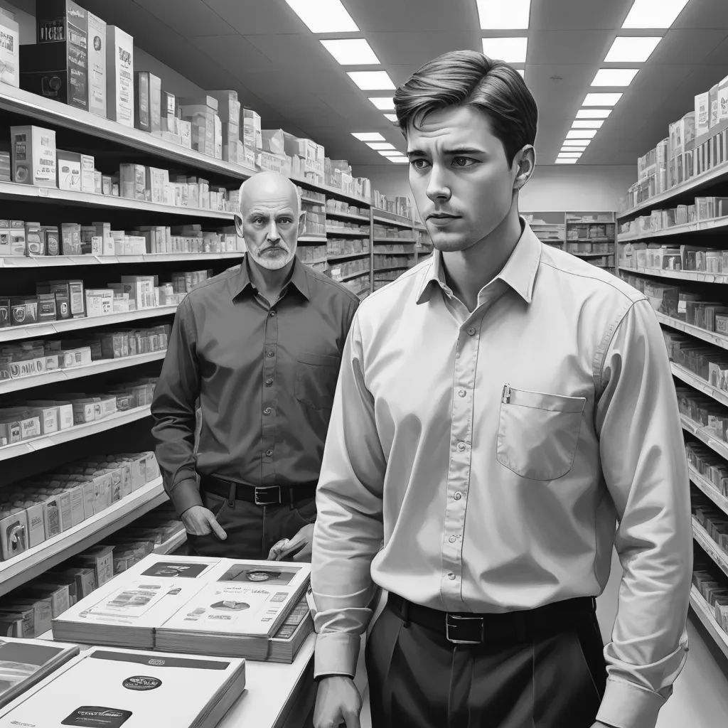 two men standing in a pharmacy aisle with shelves of medicine and pills in the background, one of them is looking at the camera, photorealism, an ultrafine detailed painting, Christian W. Staudinger, photoreal