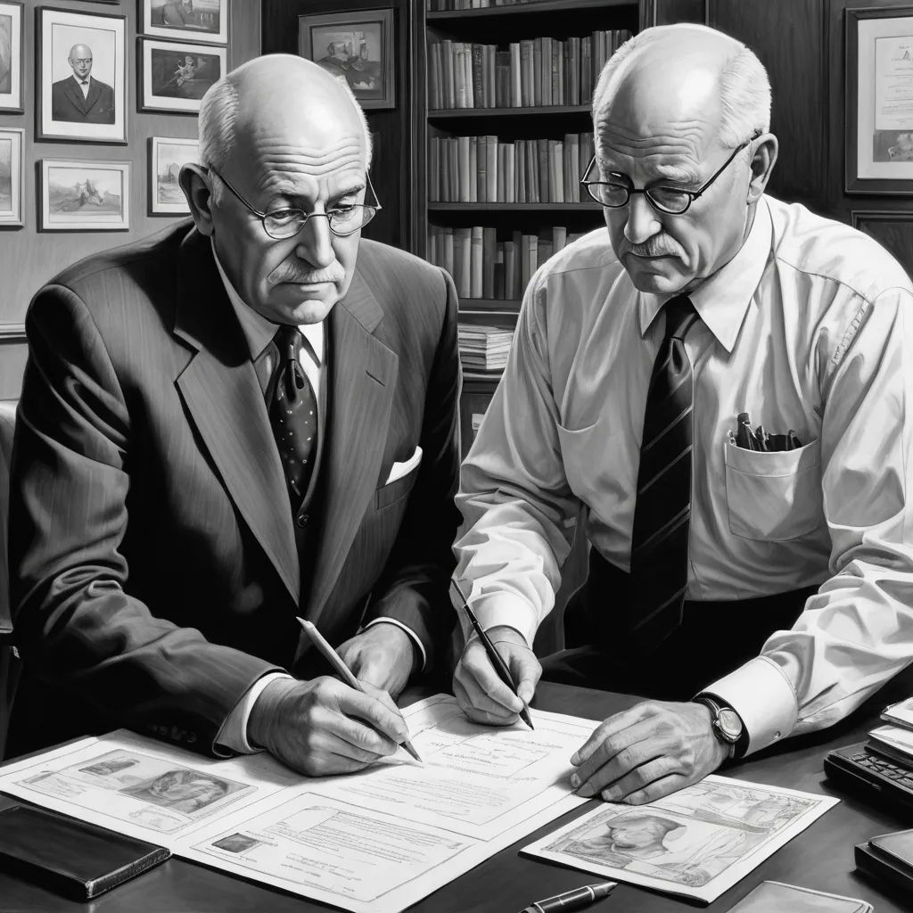 two men in suits sitting at a desk with papers and pens in front of them, one of them is signing a document, american scene painting, an ultrafine detailed painting, Brothers Hildebrandt, ultra realistic illustration