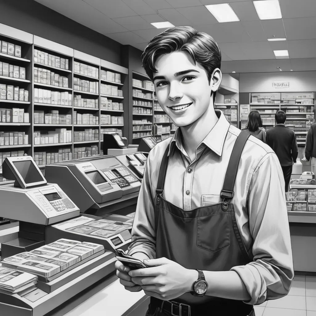 a man in a store holding a cell phone and smiling at the camera with a phone in his hand, remodernism, a manga drawing, Andries Stock, ultra realistic digital art