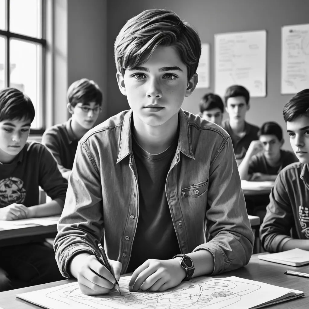 a boy sitting at a desk with a book and pen in front of him and other boys behind him, barbizon school, a black and white photo, Etienne Delessert, promotional image