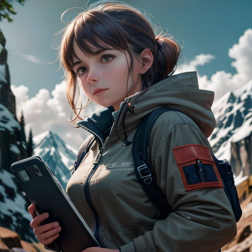 a woman in a green jacket holding a tablet computer in front of a mountain range with snow on it