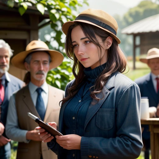 a woman in a hat is looking at a tablet while other people are standing around her and looking at her