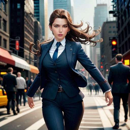 a woman in a suit is running down the street in a city with skyscrapers in the background and a man in a suit is walking behind her