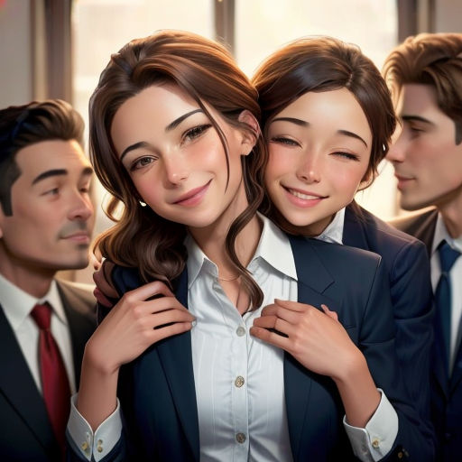 a woman is hugging a man in a suit and tie while three other men stand behind her and look on