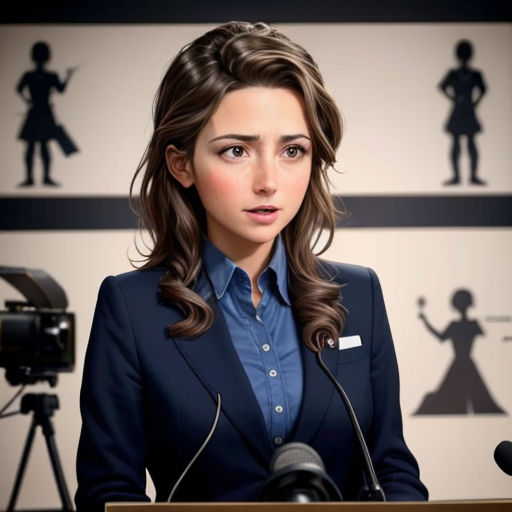 a woman standing at a podium with a microphone in front of her and a camera behind her and a movie camera behind her