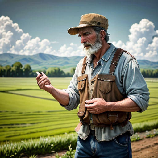 a man with a beard and a hat is standing in a field with a cell phone in his hand