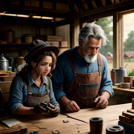 a man and a woman working on a piece of wood in a shop with a hammer and a pair of scissors
