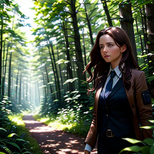 a woman in a suit and tie standing in the woods with a forest path behind her and trees lining the path