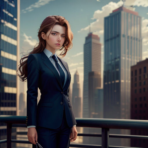a woman in a suit standing on a balcony with a city in the background and a handbag in her other hand