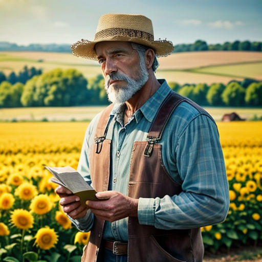 a man standing in a field of sunflowers reading a book with a book in his hand and a book in his other hand