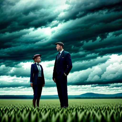 two men in suits standing in a field under a cloudy sky with a green field below them and a dark sky above them