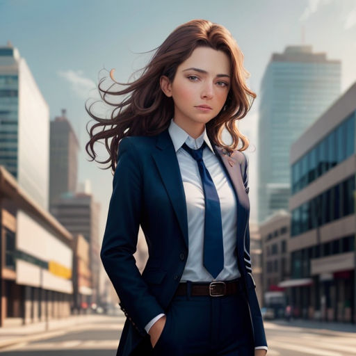 a woman in a suit and tie standing on a street corner in front of a cityscape with buildings