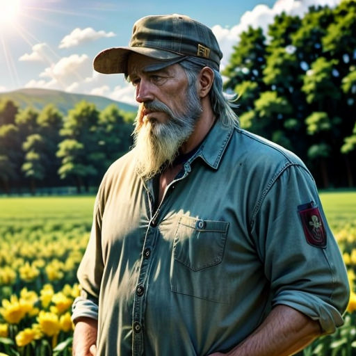 a man with a beard and a hat standing in a field of flowers with the sun shining on him