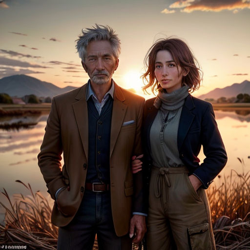 a man and a woman standing next to each other near a lake at sunset with mountains in the background