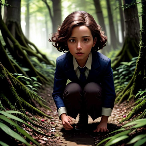 a woman kneeling down in a forest with a suit on and tie on, and a forest background, with a woman in a suit and tie