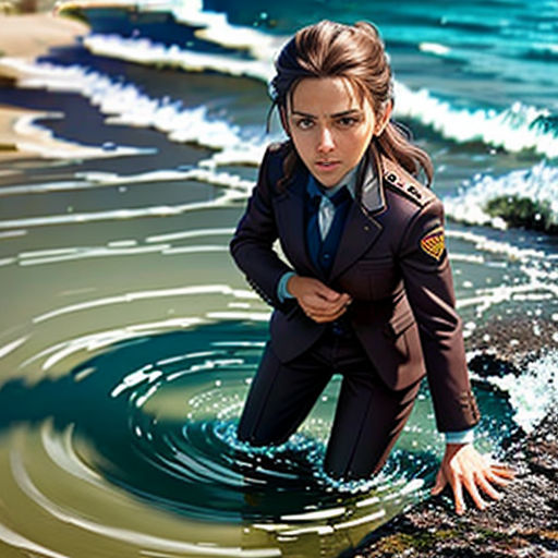 a woman in a suit is standing in the water by the beach and looking at the camera with a serious look on her face