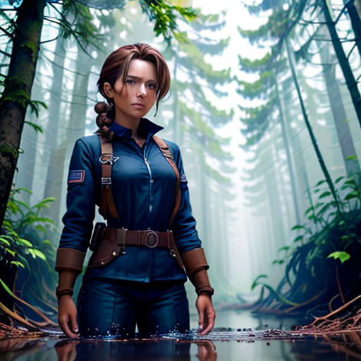 a woman in a blue uniform standing in a forest with a gun in her hand and a gun in her other hand