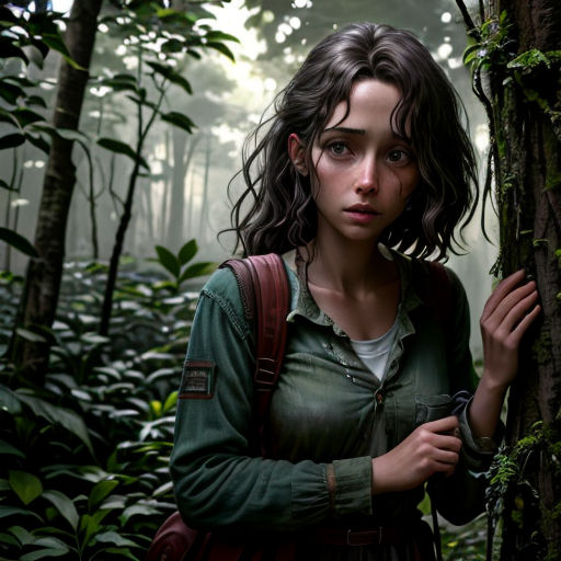 a woman standing in the woods with a backpack on her shoulder and a backpack on her shoulder, holding a tree