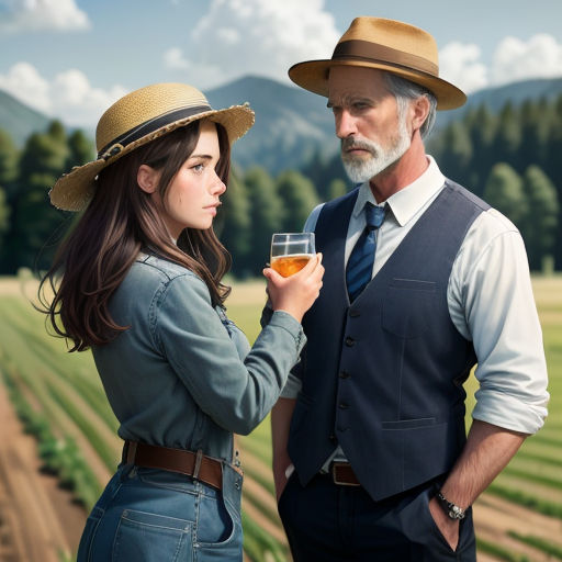 a man and a woman standing in a field holding a glass of wine and looking at each other with a mountain in the background