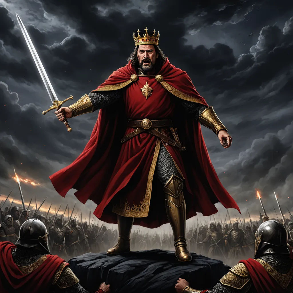 a painting of a man in a red robe and crown holding a sword in front of a group of men, sots art, concept art, Edi Rama, epic fantasy character art