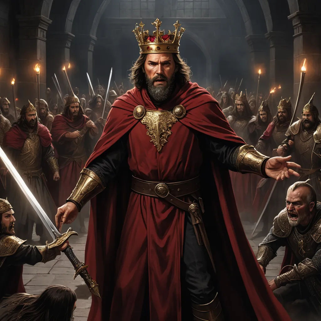 a painting of a man in a crown surrounded by other men in armor and holding swords in his hands, sots art, concept art, Christophe Vacher, epic fantasy character art