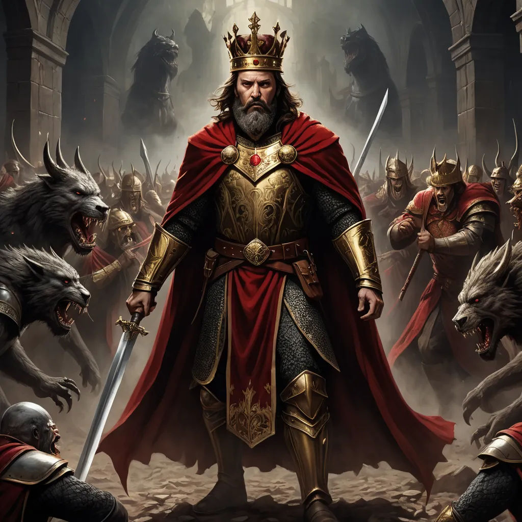 a man in a crown and a red cape standing in front of a group of other men in armor, fantasy art, concept art, Christophe Vacher, epic fantasy character art