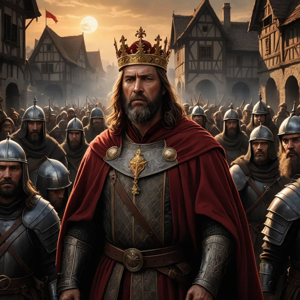 a group of men in medieval armor standing in front of a crowd of people in a town at sunset, antipodeans, concept art, Christophe Vacher, medieval