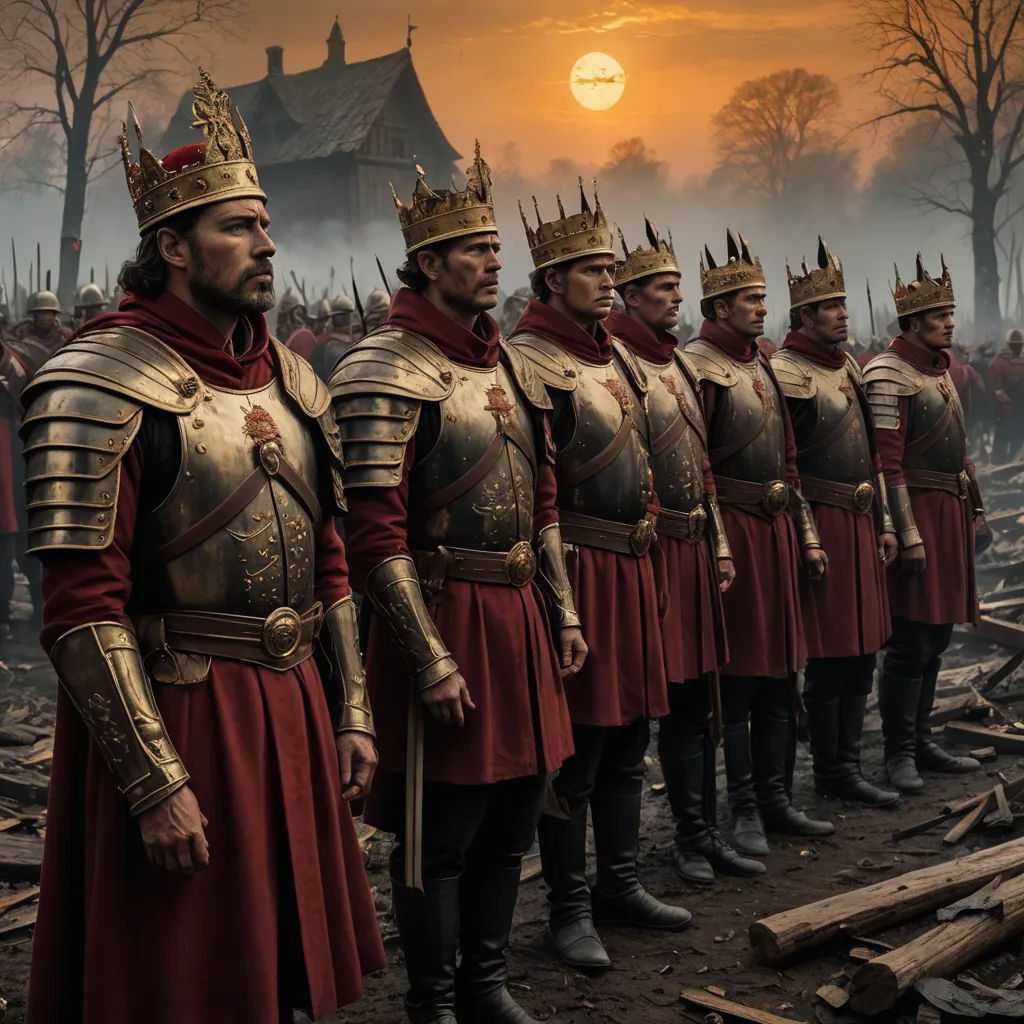 a group of men in armor standing in a line in front of a sunset and a building with a clock, antipodeans, a detailed matte painting, Artur Tarnowski, promotional image