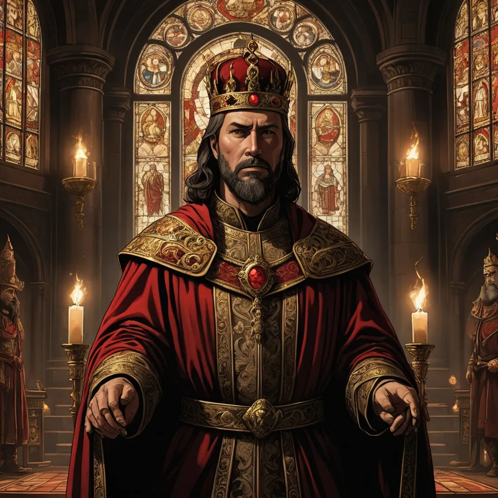 a man in a red robe and crown standing in front of a stained glass window with candles in it, sots art, an ultrafine detailed painting, Edward Otho Cresap Ord, II, game art