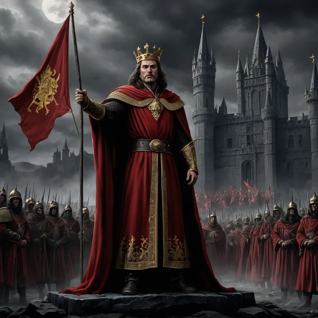 a man in a red robe holding a red flag and a crown in front of a castle with a crowd of men in red robes, fantasy art, a detailed matte painting, Christophe Vacher, dark fantasy art