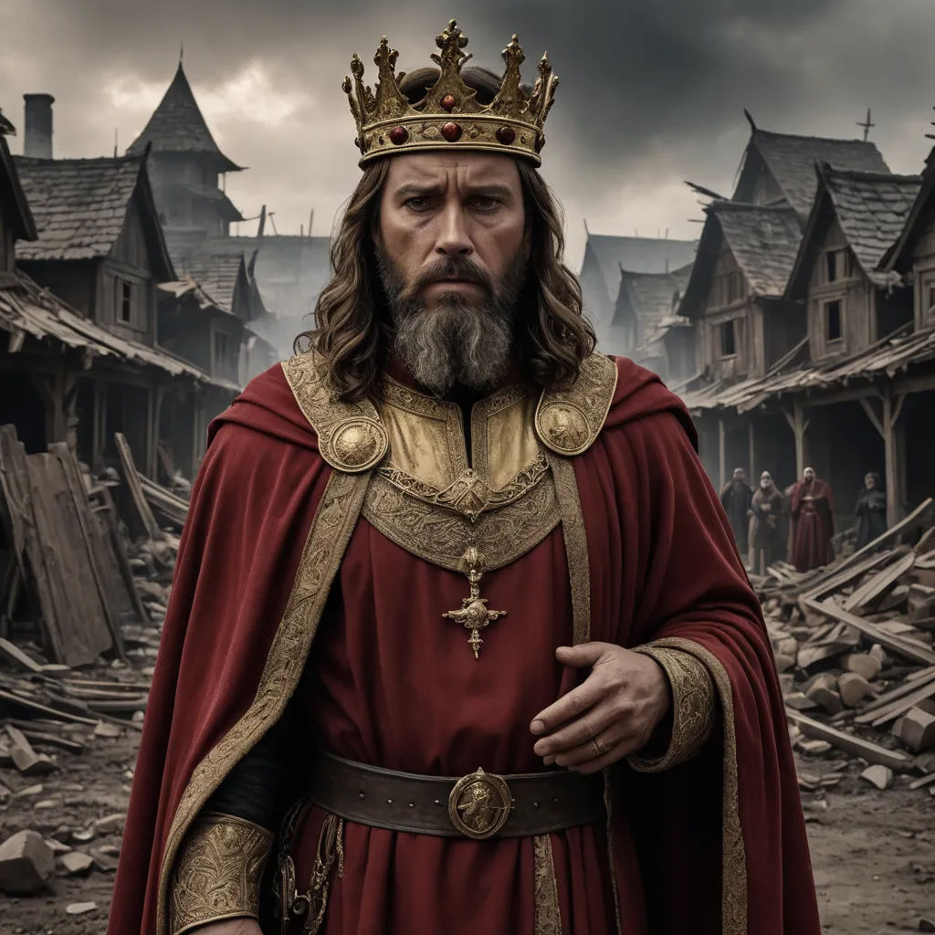 a man in a red robe and crown standing in front of a destroyed building with a dark sky in the background, antipodeans, a poster, Andrei Rublev, promotional image