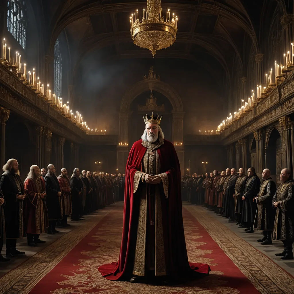 a man in a red robe and crown standing in a hall with a crowd of people in the background, letterism, a detailed matte painting, Artur Tarnowski, promotional image