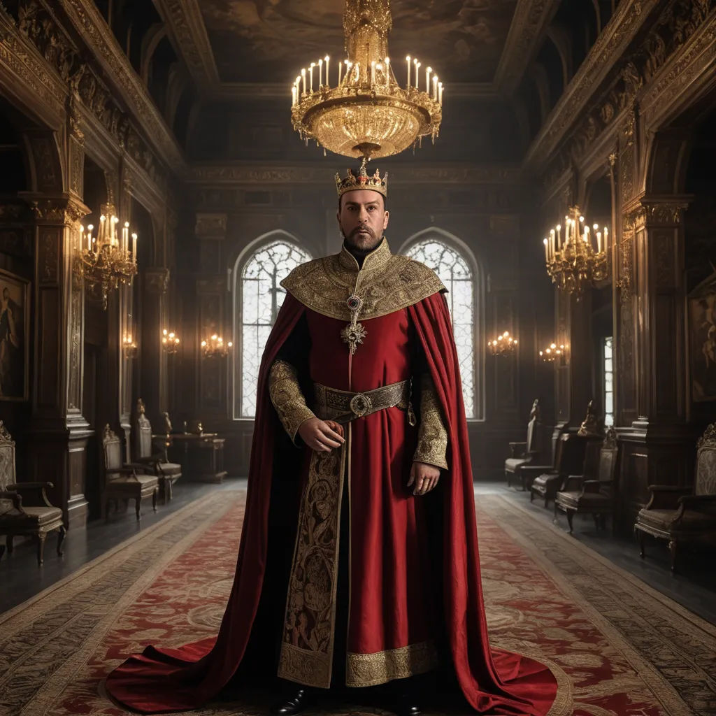 a man in a red and gold outfit standing in a hall with a chandelier above his head, renaissance, a flemish Baroque, Altoon Sultan, promotional image